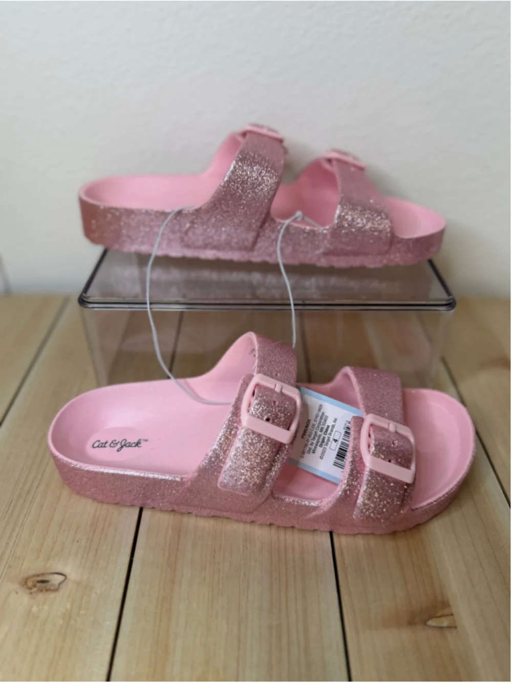 Cat & Jack Girls’ Pink Glitter Double Buckle Slide Sandals Size 4 NWT